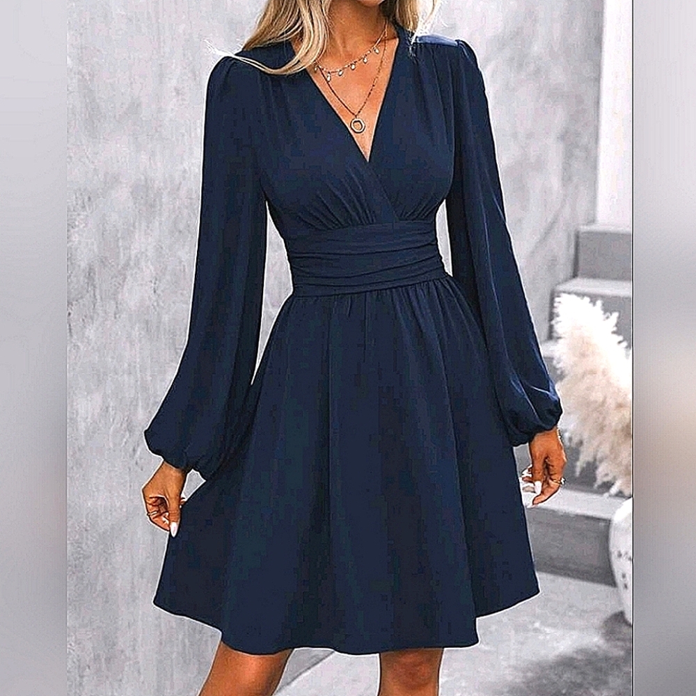 NEW Chic Ruched Waist Short Dress Lantern Long Sleeve Navy Blue - Picture 2 of 9